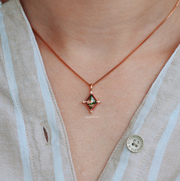 Kite Green Moss Agate Necklace in 14K Rose Gold Vermeil by Aquamarise, featuring a unique kite-shaped green moss agate pendant on a delicate rose gold chain.