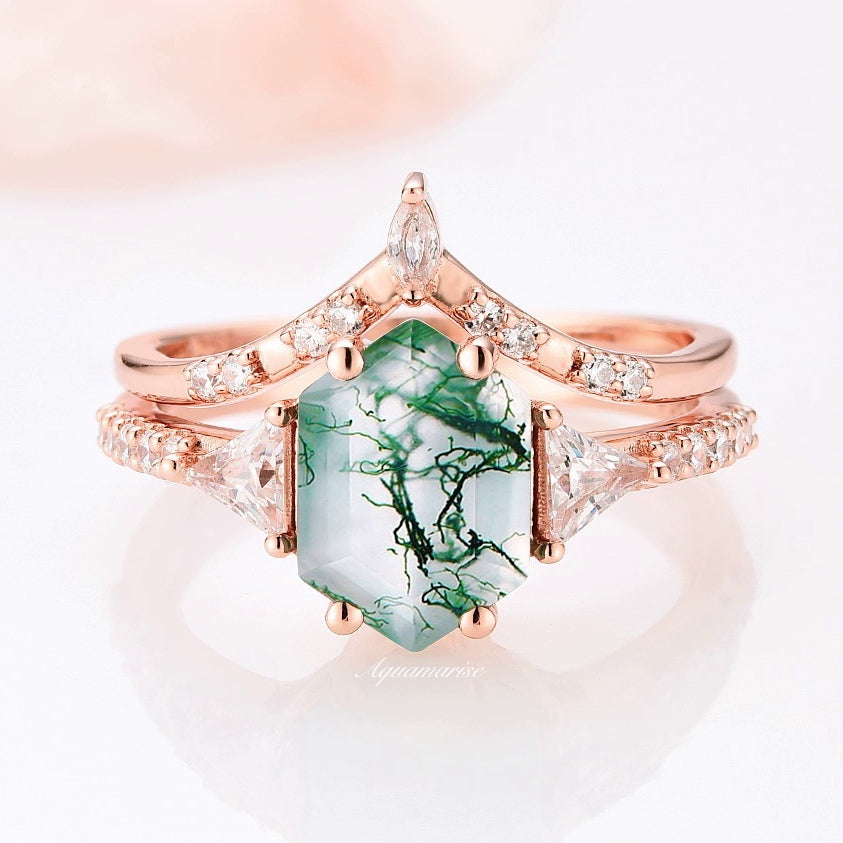 Hexagon Natural Moss Agate Engagement Ring Vintage Hexagon Ring Agate Ring for Women 7 store Stone Ring Green Gemstone Ring Anniversary Gift