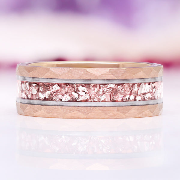 Skye Kite® Morganite Couples Ring Set featuring a hammered rose gold band with crushed morganite center and silver accents, a unique matching couples ring by Aquamarise.