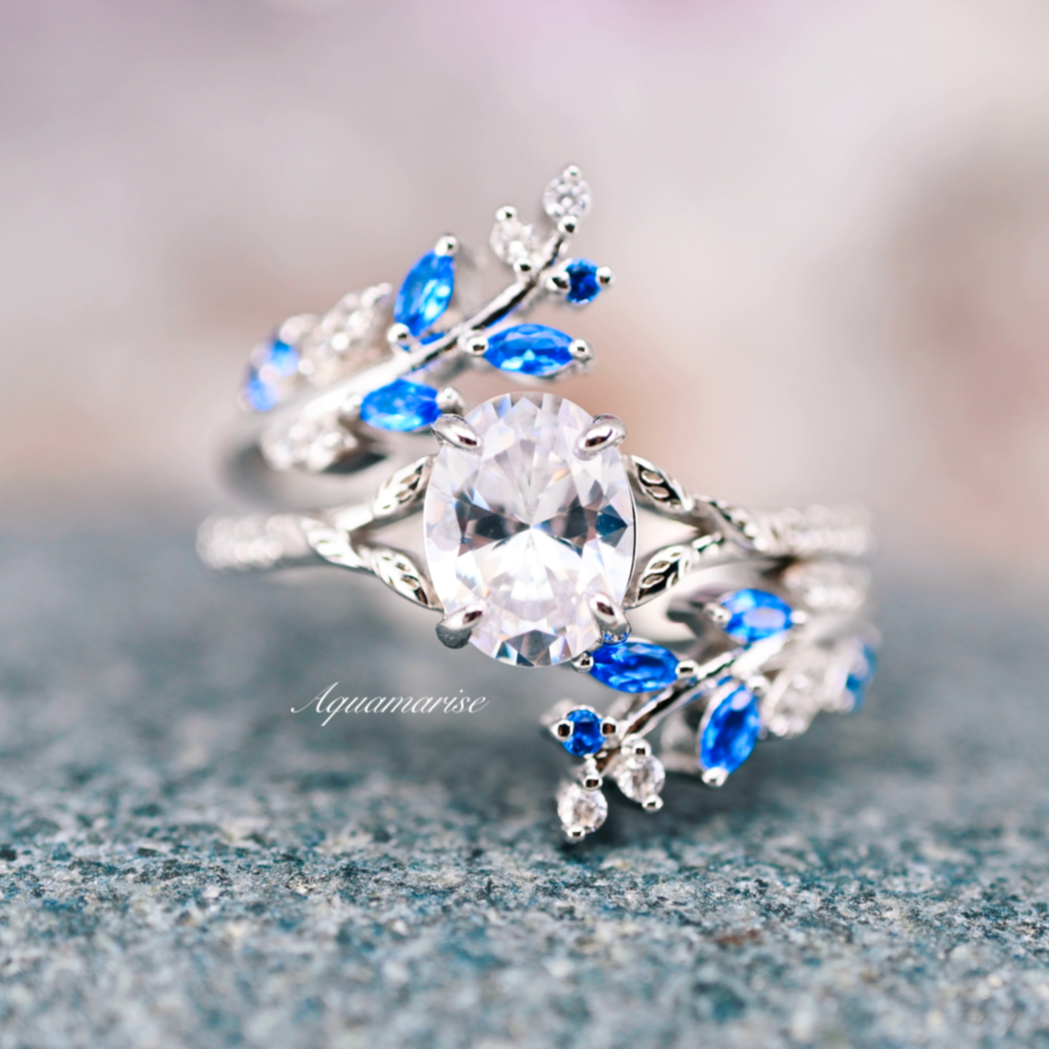 Blue Sapphire Moissanite Leaf Engagement Ring Set- 14K White