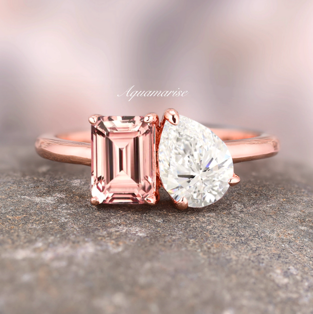 Morganite and Simulated Diamond Toi Et Moi Ring in 14K Rose Gold