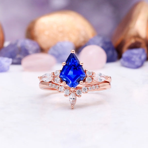 Skye Kite® Cornflower Sapphire Kite Engagement Ring Set- 14K Solid Rose Gold – side profile view