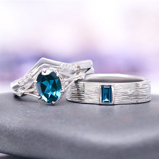 Rustic London Blue Topaz Wedding Band- 14K White Gold