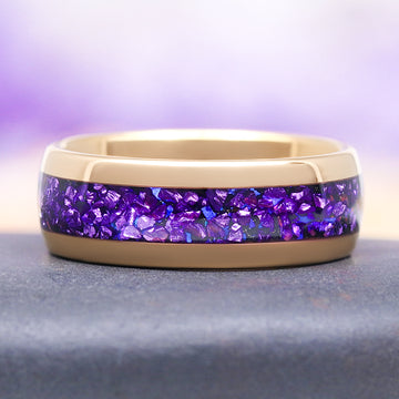 Amethyst and Galaxy Fire Opal Leaf Couples Ring Set by Aquamarise featuring a smooth gold band inlaid with vibrant crushed purple amethyst and iridescent galaxy fire opal, part of Matching Couples' Rings and Amethyst Jewelry collections.
