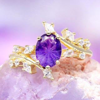 Natural Fireworks Cut Amethyst Leaf Ring in 14K Yellow Gold Vermeil