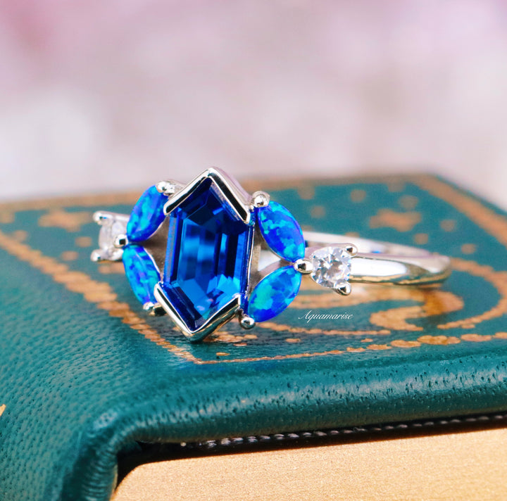 Blue Fire Opal & Sapphire Couples Ring