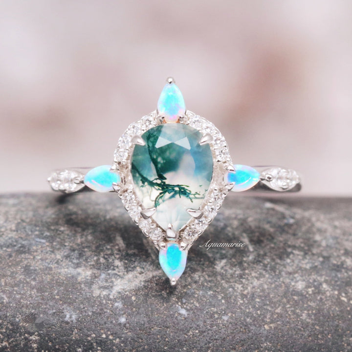 Green Moss Agate & Fire Opal Engagement Ring- 14K White Gold