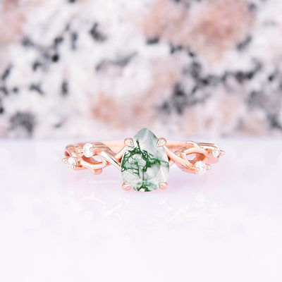 Green Moss Agate Leaf Ring- 14K Rose Gold Vermeil Natural Pear Agate Engagement Ring For Women- Unique Promise Ring Anniversary Gift For Her