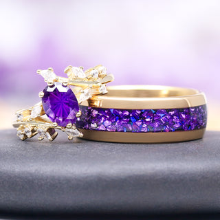 Amethyst and Galaxy Fire Opal Leaf Couples Ring Set