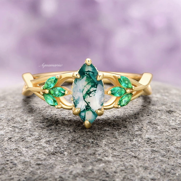 Moss Agate & Emerald Celtic Knot Ring- 14K Solid Yellow Gold