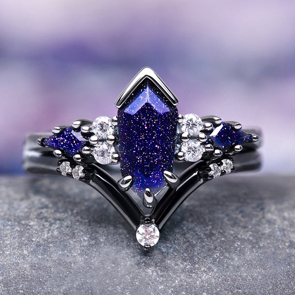 Kite Galaxy Sandstone (Starry Night) Ring Set- Black Ruthenium by Aquamarise, featuring a black ruthenium band with sparkling galaxy sandstone and clear accent stones in a celestial design.