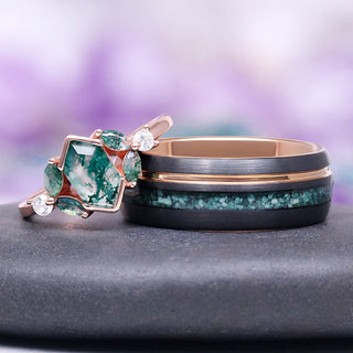 Hexagon Green Moss Agate Couples Ring Set