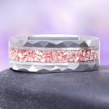 Fireworks Cut Morganite & Moonstone Leaf Couples Ring Set by Aquamarise featuring a silver band with faceted edges and a central pink morganite crushed stone inlay, from Matching Couples' Rings collection.