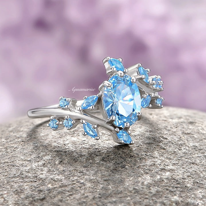 Aquamarine Leaf Couples Ring Set