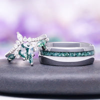 Skye Kite® Green Moss Agate Engagement Ring Set in 14K White Gold by Aquamarise Gold featuring a nature-inspired moss agate centerpiece with delicate diamond and gemstone accents.