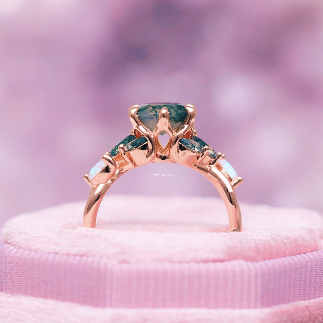 Enchated Garden Green Moss Agate & Fire Opal Ring- 14K Rose Gold Vermeil