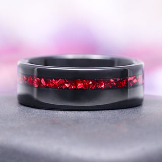 Crushed Red Garnet Wedding Band in Black Tungsten (8MM)
