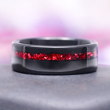 Lilith Coffin Cut Natural Red Garnet Couples Ring Set by Aquamarise featuring a black band with a vivid red garnet inlay, perfect for matching couples and meaningful jewelry gifts.