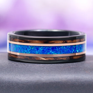 Whiskey Barrel and Blue Fire Opal Wedding Band in Tungsten (8mm)