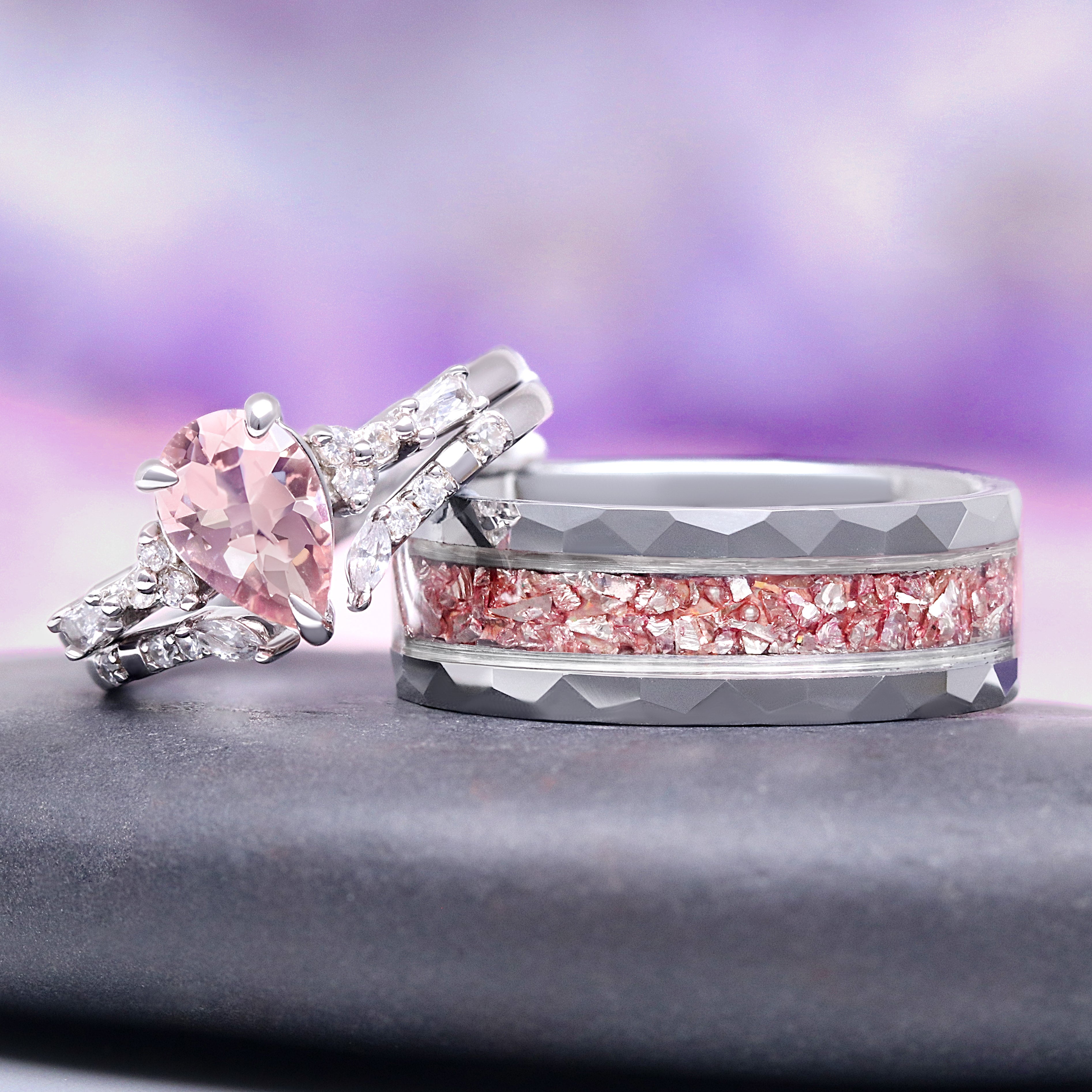 Teardrop Morganite Couples Ring Set – Aquamarise - Main Image