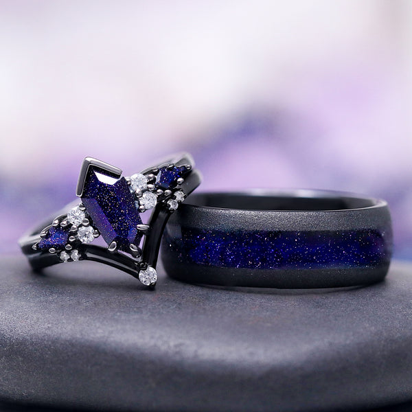 Starry Night™ Couples Ring Set by Foreverings, featuring black-finished bands with sparkling galaxy sandstone and clear accent stones, from Matching Couples' Rings and Night Court Jewelry collections.