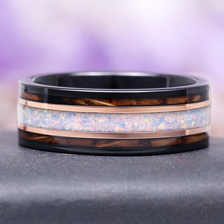 Whiskey Barrel and White Fire Opal Wedding Band in Tungsten (8mm)