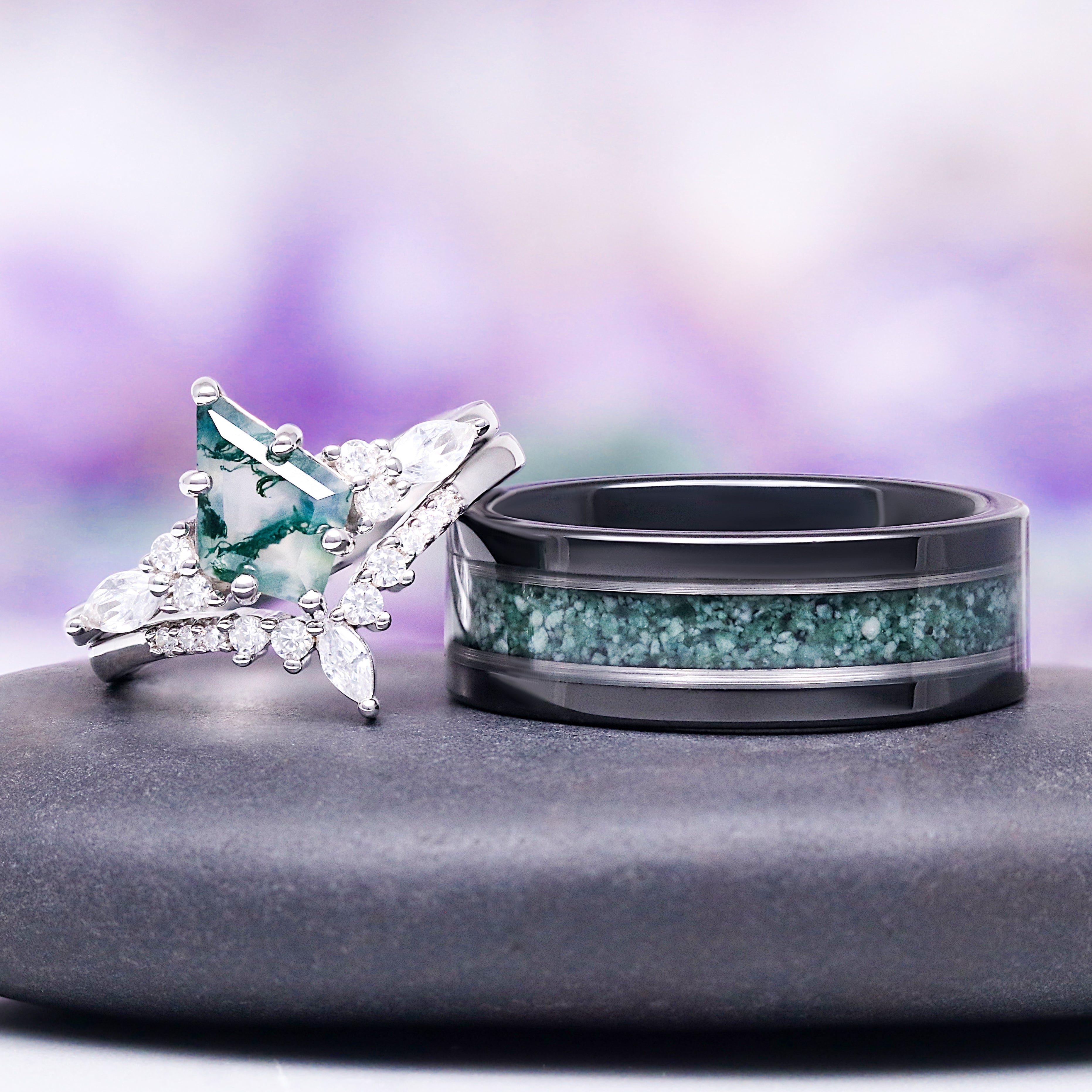 Kite Cut Lab Created Moss Agate & Diamond Milgrain Engagement Ring in 925 Sterling Silver for Women Elegant and Unique Bridal Jewelry, Adult Unisex Kite Cut Lab Created Moss Agate & Diamond Milgrain Engagement Ring in 925 Sterling Silver for Women Elegant and Unique Bridal Jewelry, Adult Unisex