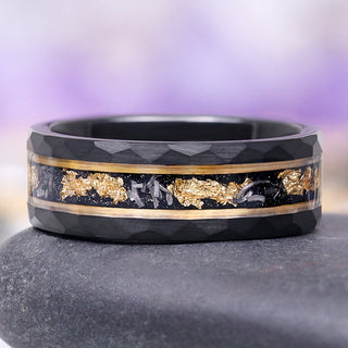 Meteorite & Gold Leaf Wedding Band in Two Tone Black Tungsten (8mm)