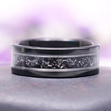 Galaxy Meteorite Men's Wedding Band in Silver/Black Tungsten Carbide (8mm) with a textured meteorite inlay by Aquamarise