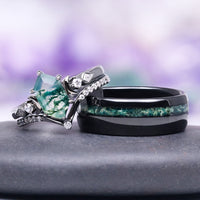 Elara Moss Agate Crescent Moon Couples Ring Set by Aquamarise, featuring nature-inspired moss agate stones and black finish, perfect as matching couples rings or unique promise rings.