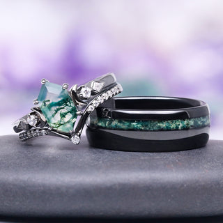 Elara Moss Agate Crescent Moon Couples Ring Set