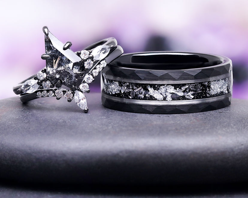 Starry Night® & Meteorite men's black tungsten wedding band paired with the Skye Kite® galaxy Herkimer diamond ring as a matching couples set by Aquamarise