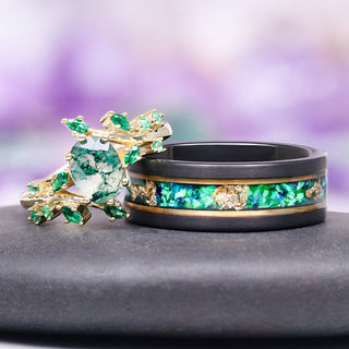 Green Fire Opal & Gold Leaf Wedding Band- 8mm Tungsten