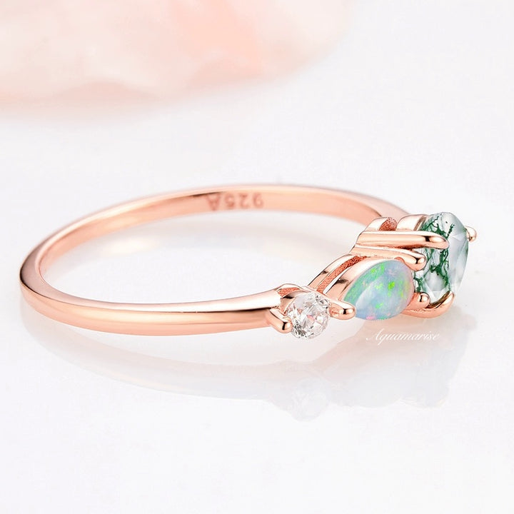 Natural Green Moss Agate & Fire Opal Ring- 14K Rose Gold Vermeil