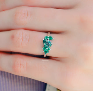 Moss Agate and Lab Emerald Cluster Engagement Ring in 14K White Gold