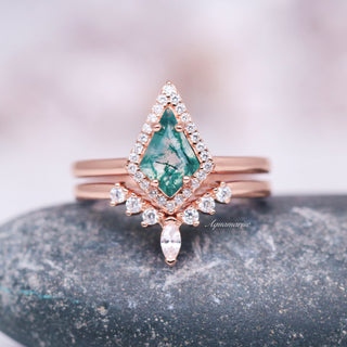 Mountain Range Green Moss Agate Couples Ring Set