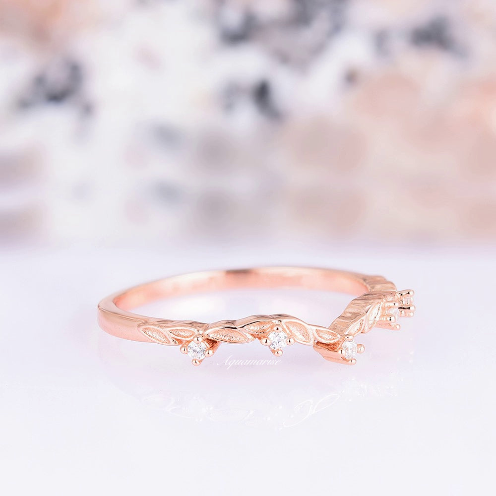 Filigree Leaf Diamond Wedding Band For Woman- 14K Rose Gold Vermeil Curved Matching Stacking Ring Art deco Leaf Vintage Promise Ring For Her