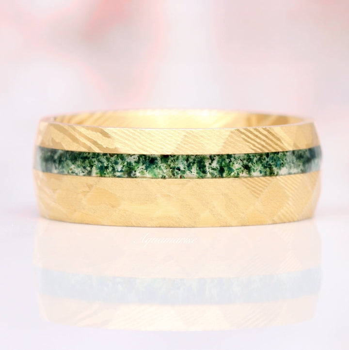 Moss Agate Wedding Band- 8MM Gold Damascus Steel