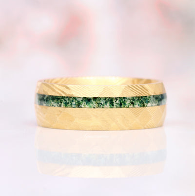 Skye Green Moss Agate Mens Wedding Band- Gold Damascus Steel Ring- 8mm Man Ring- Comfort Fit Dome Polish- Birthday Anniversary Gift For Him