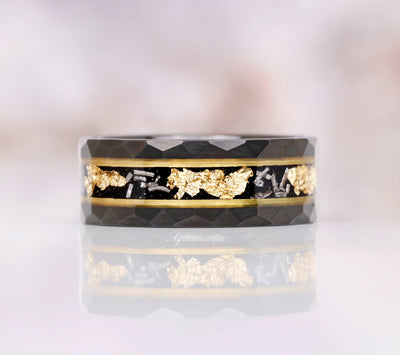 Meteorite Gold Leaf Men's Ring- Hammered Two Tone Black Gold Accent Tungsten 8mm Mens Wedding Band Unique Real Meteorite Ring- Gift For Him