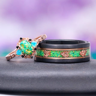 Eldoria Green Fire Opal & Rose Gold Couples Ring Set