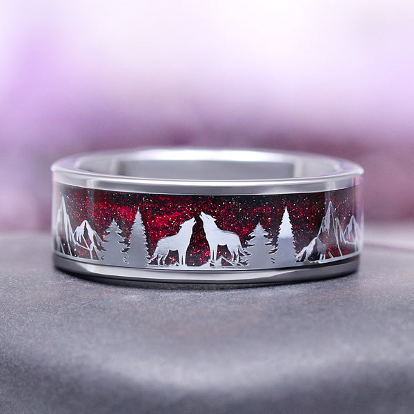 ヴァイスシュヴァルツ mariage Starry Night, Trees & Wolfs Wedding Band- 8MM Tungsten (Vampire