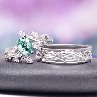 Moss Agate Leaf Couples Ring Set