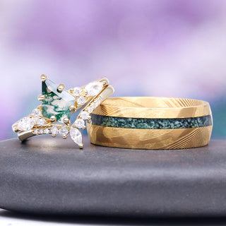 Moss Agate Wedding Band in Gold Damascus Steel (8mm)