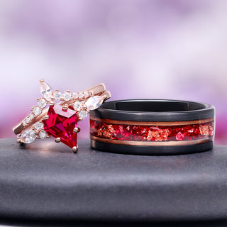 Skye Kite® Ruby & Rose Gold Leaf Couples Ring Set