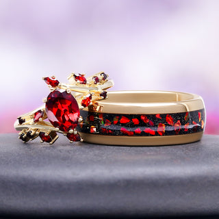 Natural Red Garnet Leaf Ring in 14K Yellow Gold Vermeil