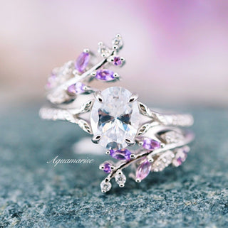 Oval Cut Moissanite & Amethyst Fairy Leaf Engagement Ring Set in 14K White Gold