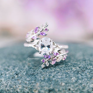 Simulated Diamond & Amethyst Leaf Couples Ring Set