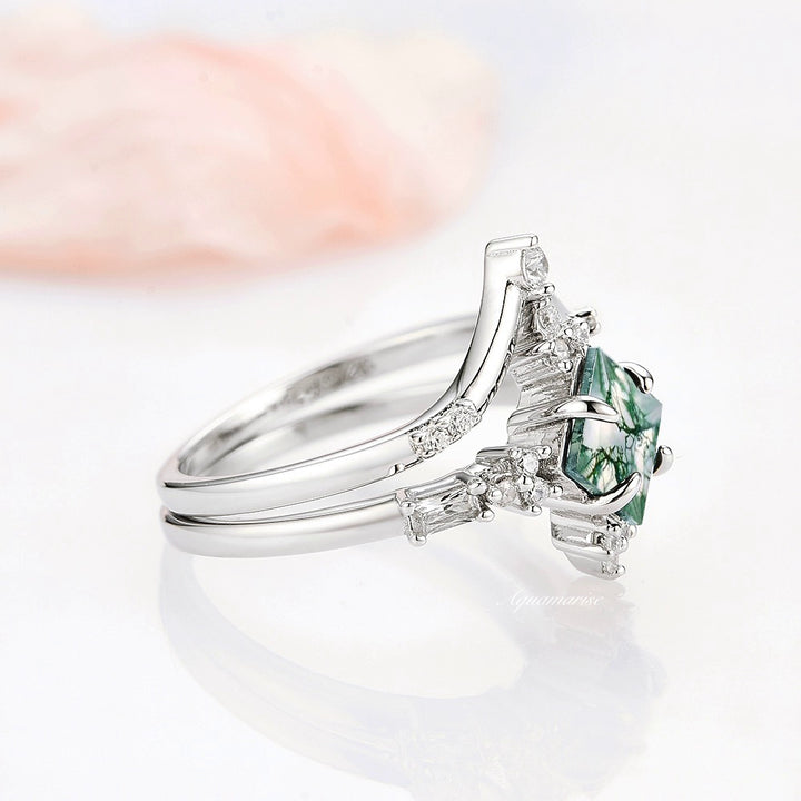 Natural Green Moss Agate Ring Set- Sterling Silver