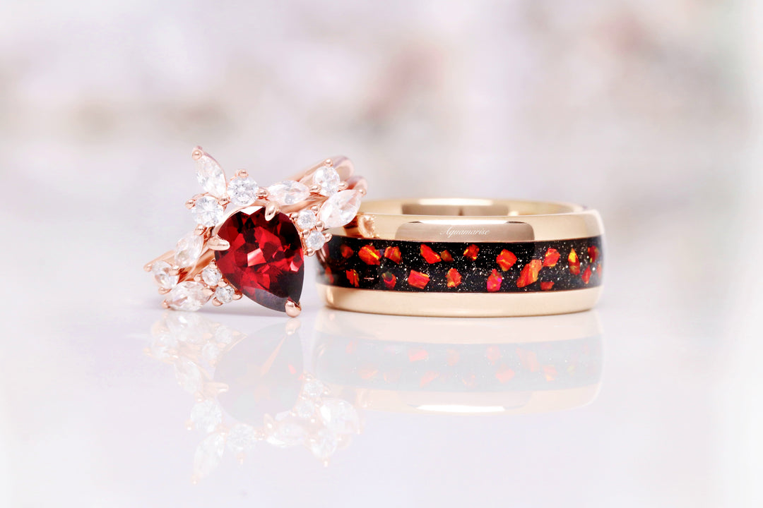 Red Fire Opal & Starry Night Wedding Band- 8MM Rose Gold Tungsten